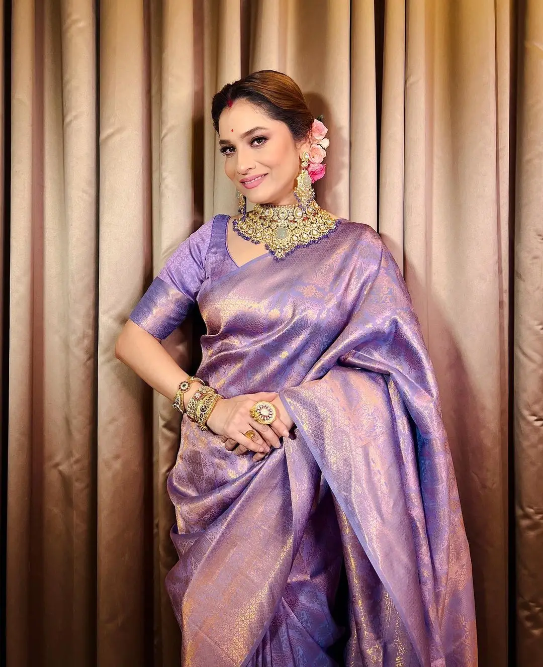 Ankita Lokhande in South Indian Traditional Violet Saree Blouse